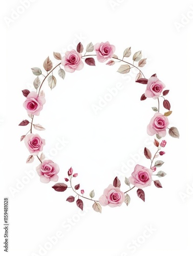 garland of small pink roses with leaves with free space in the center on white background, vector illustration