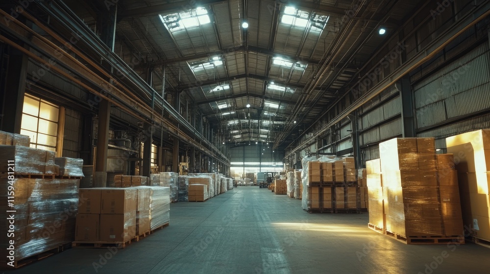 Industrial Warehouse Interior: Sunlight Streaming Through High Ceilings Illuminates Stacks of Cardboard Boxes Industrial Warehouse Interior: Sunlight Streaming Through High Ceilings Illuminates Stacks of Cardboard Boxes