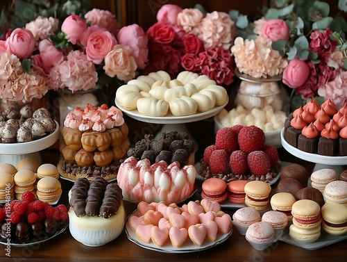 Assorted pastries and sweets displayed on tiered stands with flowers.