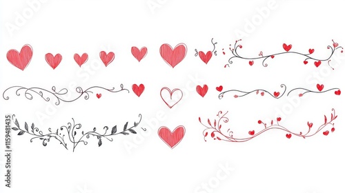 Heart divider set. Hand drawn swirl line borders, hearts and love letters, romantic valentines or wedding decoration, simple style decor, vector isolated collection  photo