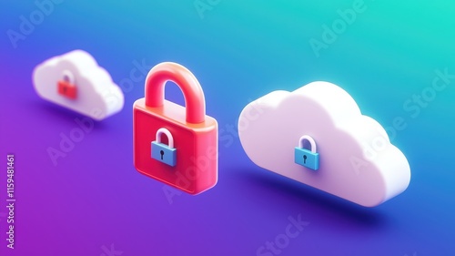 cloud and security concept. Colorful 3D cloud icons with padlocks, symbolizing cloud security and data protection.