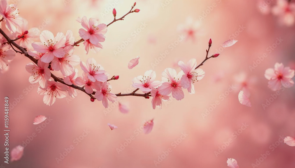 Pink cherry blossom flowers with petals falling on a soft pink background Pink cherry blossom flowers with petals falling on a soft pink background