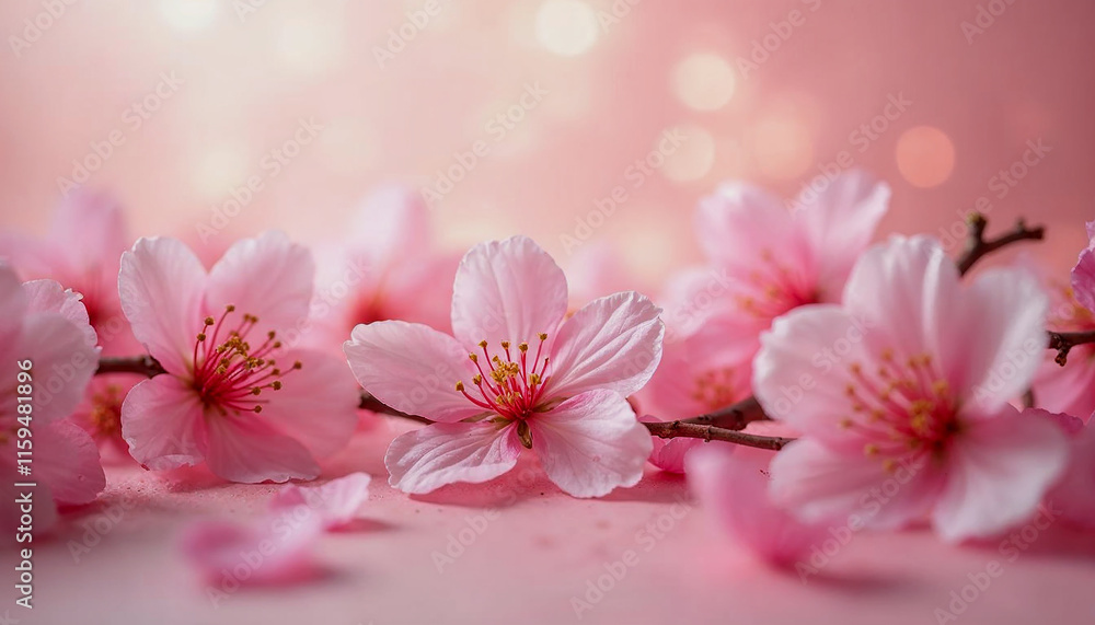 Pink cherry blossom flowers with petals falling on a soft pink background Pink cherry blossom flowers with petals falling on a soft pink background