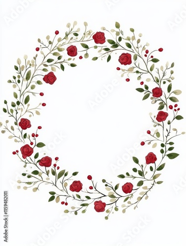 postcard with frame of small red roses with leaves for holiday decoration on white background, with free space for text in the center, without text, vector illustration