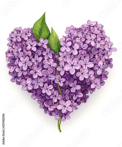 Purple heart of lilac flowers with green stem instead of thread, on white background, clipart style. 