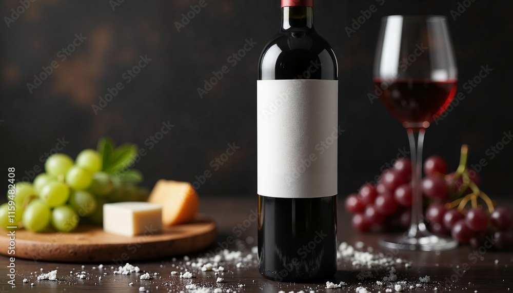 Obraz premium Wine bottle mockup with blank label and glass in a cozy dining setting