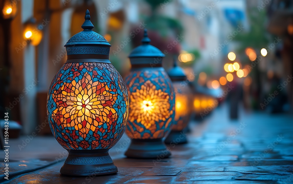 Illuminated mosaic lanterns line a cobblestone street at dusk. Illuminated mosaic lanterns line a cobblestone street at dusk.