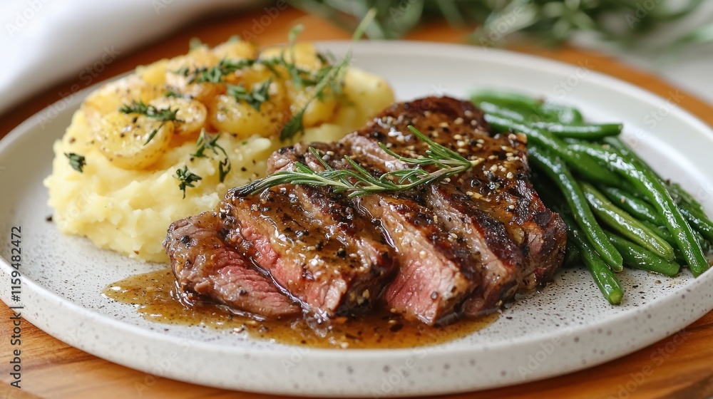 Sliced steak with potatoes, green beans, and sauce. Sliced steak with potatoes, green beans, and sauce.