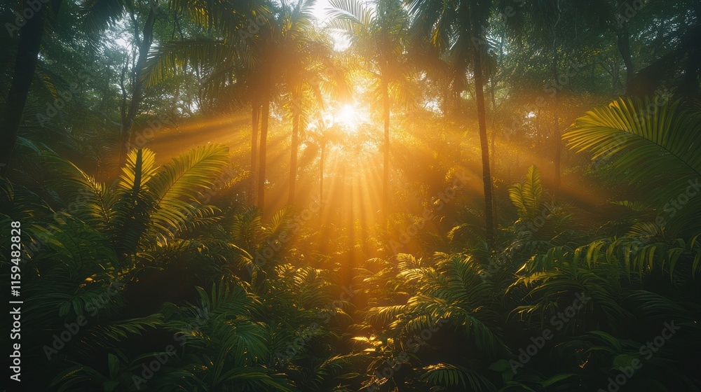 Sun rays through tropical jungle mist. Sun rays through tropical jungle mist.