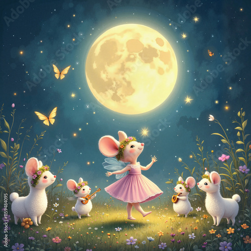 Fairy princess mouse dancing under glowing moon, magical celebration photo