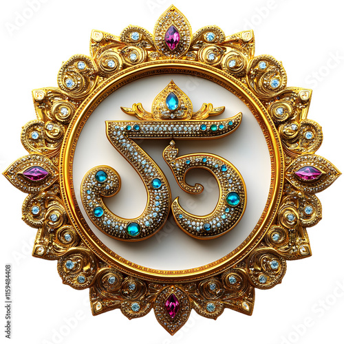 Indian Hinduism religious symbol golden text Om, aum, or oim meaning adoration to Hindu god, decorated with emerald, sapphire, ruby, jewels, ornate, gold thread, cutout in transparent background, png photo