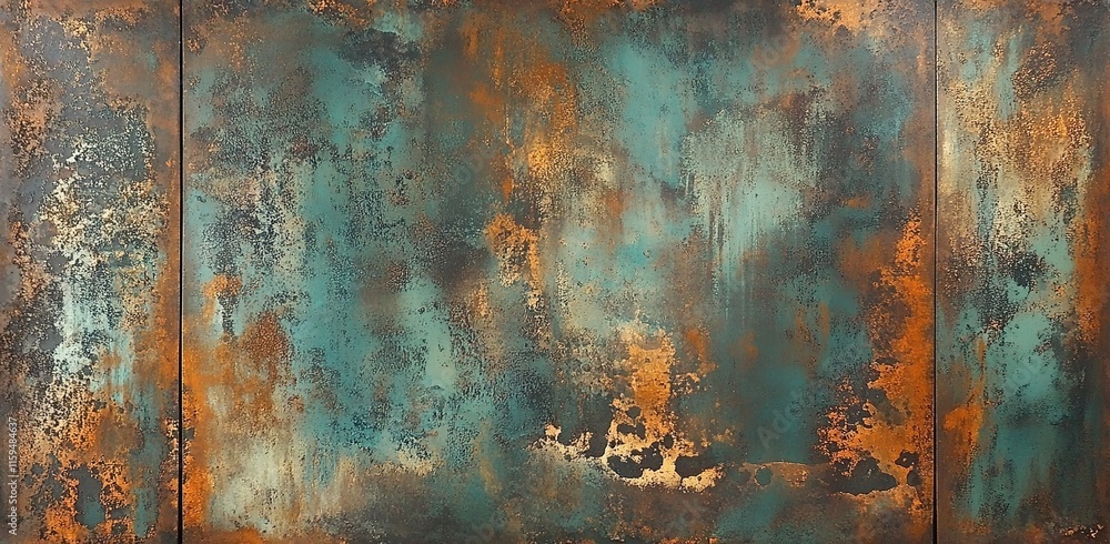 Rusted metal texture with patina, featuring brown and teal colors. Rusted metal texture with patina, featuring brown and teal colors.