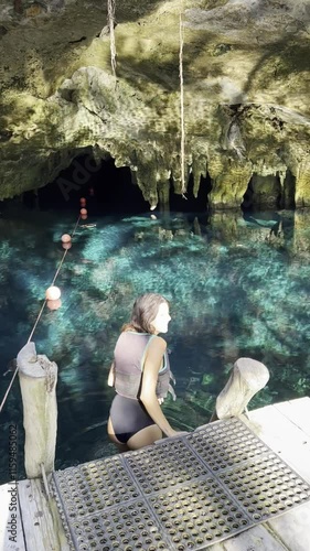 Swimming in Heart Cenote, Yucatán, Mexico , Underwater Adventure and Bathing. Exploring Heart Cenote in Yucatán, Mexico ,  Swim, Dive, and Relax in Crystal Waters