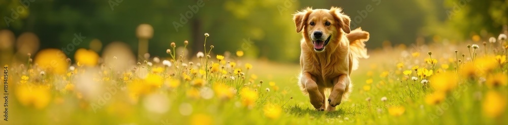 Golden Retriever bounding through wildflowers, sunlit meadow, running dog, floral Golden Retriever bounding through wildflowers, sunlit meadow, running dog, floral