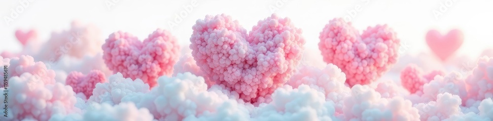 Fototapeta premium Heart-shaped clouds in soft pastel colors floating against a white background, dreamy, heart shapes, pastel colors