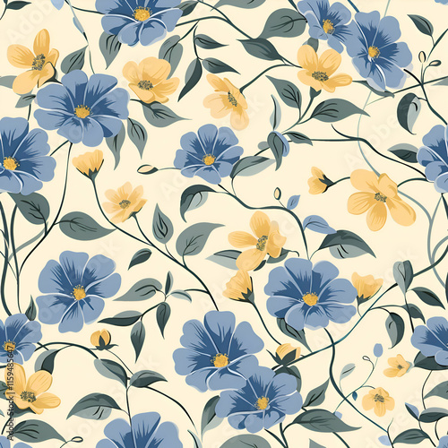 Blue and Yellow Floral Pattern. Seamless Botanical Illustration