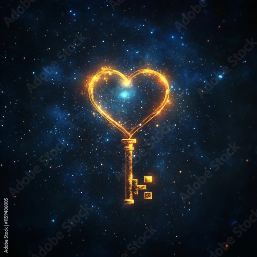 Heart-shaped key glowing in a cosmic background represents love and mystery in the universe