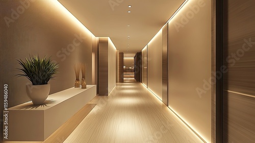 Illuminated Corridor: Modern Interior Design with Warm Lighting