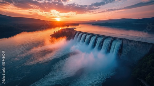 Majestic Dam Sunset: A breathtaking view of a dam at sunset, with cascading water creating a misty spectacle against the vibrant sky.