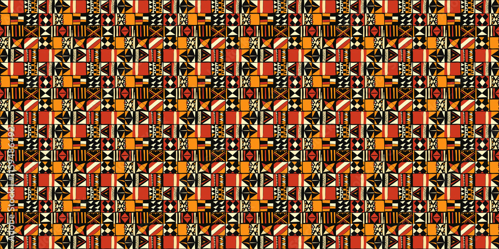 Fototapeta premium Abstract African art shapes seamless backgrounds, tribal geometric decoration patterns. Colored flat boho symbols illustrations