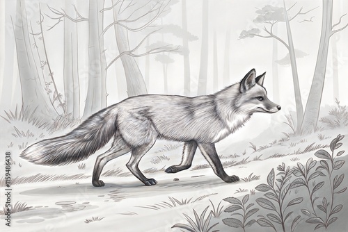 Walking fox monochrome hand drawn sketch. Wildlife vector illustration. Forest animal. photo