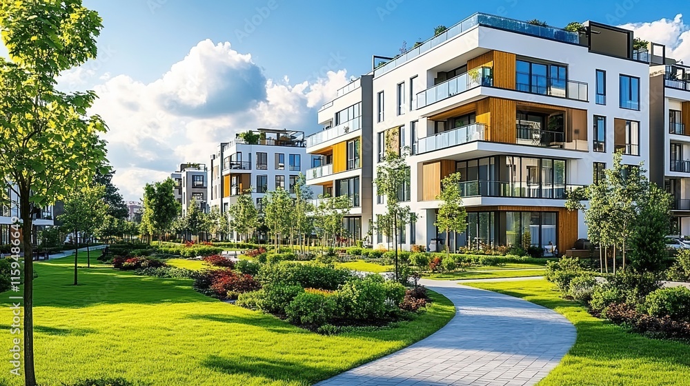 A modern residential complex with several apartment buildings in the park A modern residential complex with several apartment buildings in the park