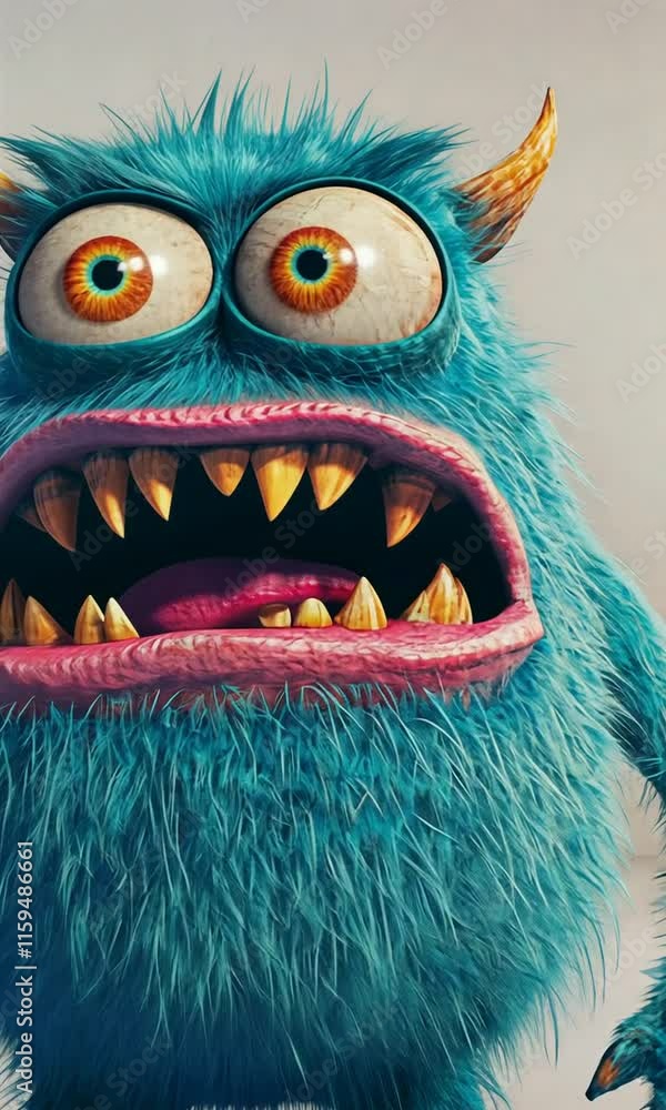 Playful Blue Furry Monster with Horns and Sharp Teeth Playful Blue Furry Monster with Horns and Sharp Teeth