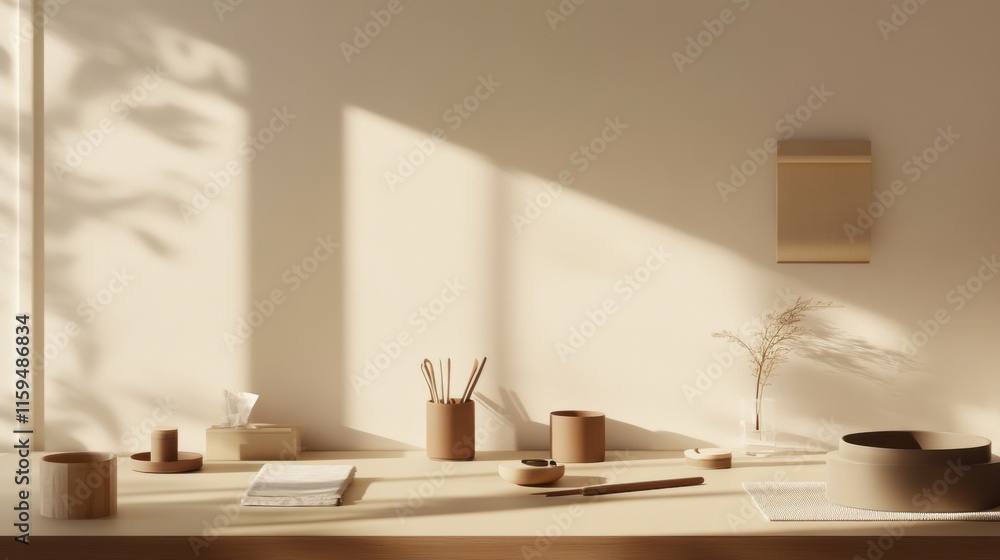 Fototapeta premium Elegant minimalist craft area with minimal supplies. Featuring a clean, open design with sleek lines