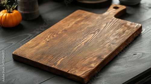 A rustic wooden cutting board is displayed on a dark table, complemented by seasonal decor like a small pumpkin.