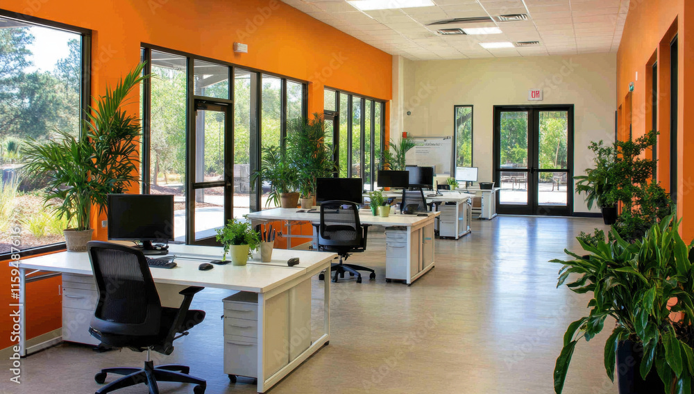 A bright office space features multiple workstations with computers, surrounded by large windows and indoor plants. The vibrant orange walls create an energetic atmosphere. A bright office space features multiple workstations with computers, surrounded by large windows and indoor plants. The vibrant orange walls create an energetic atmosphere.