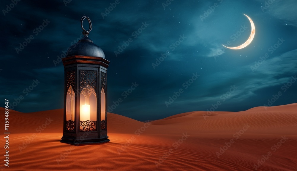 Ramadan Lantern Glowing in Desert Dunes with Crescent Moon Ramadan Lantern Glowing in Desert Dunes with Crescent Moon