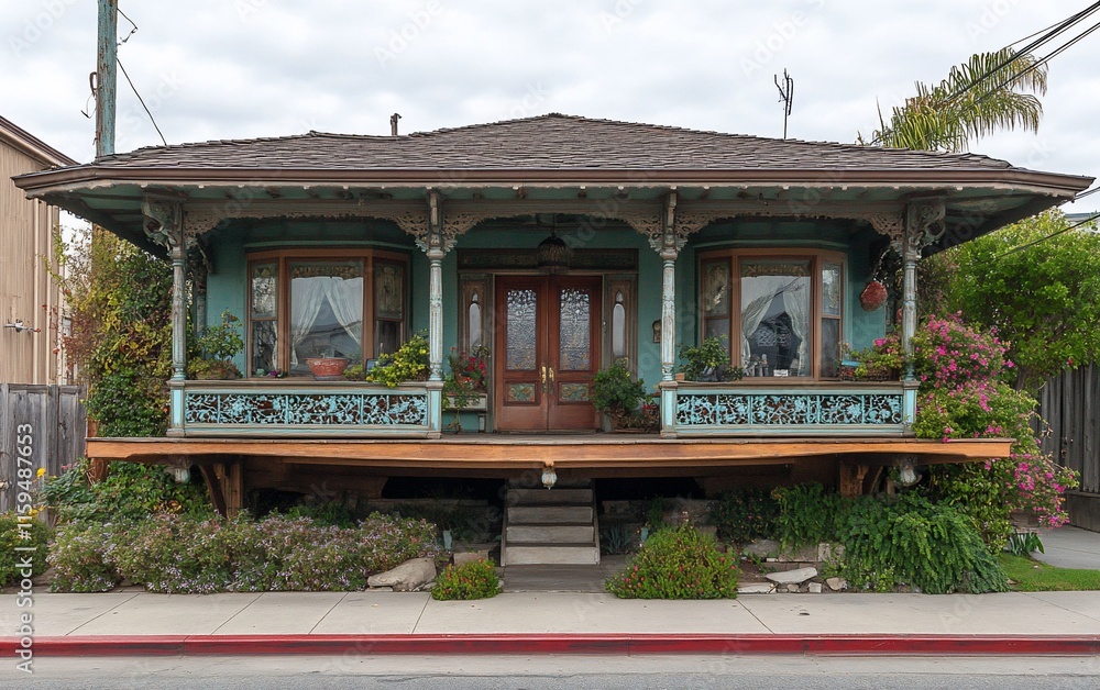 A charming, teal, Victorian-style home with an ornate, wraparound porch and decorative wooden railings. A charming, teal, Victorian-style home with an ornate, wraparound porch and decorative wooden railings.