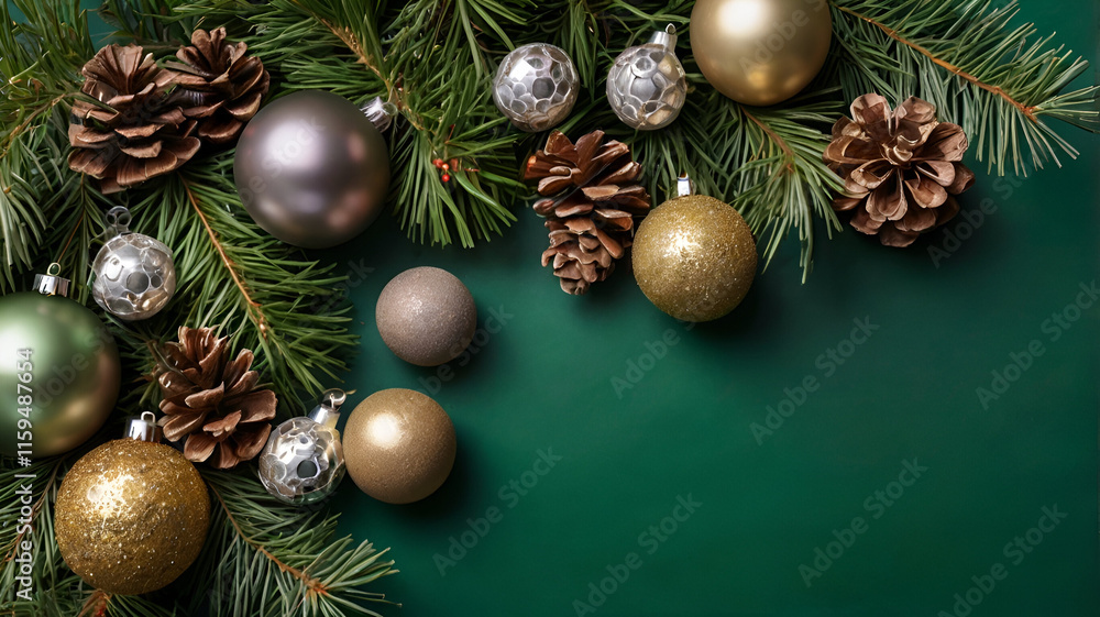 New Year's decorations elegantly arranged on a wooden surface, featuring sparkling ornaments, twinkling lights, and festive ribbons. New Year's decorations elegantly arranged on a wooden surface, featuring sparkling ornaments, twinkling lights, and festive ribbons.