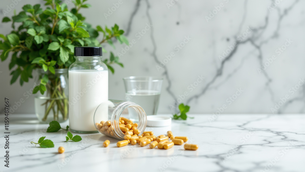 Magnesium capsules on a marble countertop with milk and honey. Magnesium capsules on a marble countertop with milk and honey.