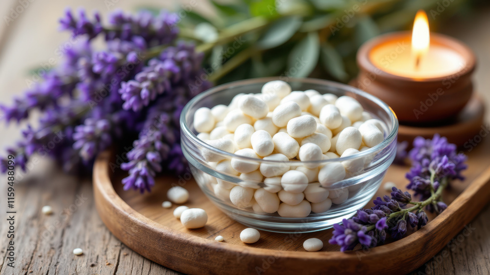 A bowl of magnesium supplements accompanied by lavender sprigs and a candle. A bowl of magnesium supplements accompanied by lavender sprigs and a candle.