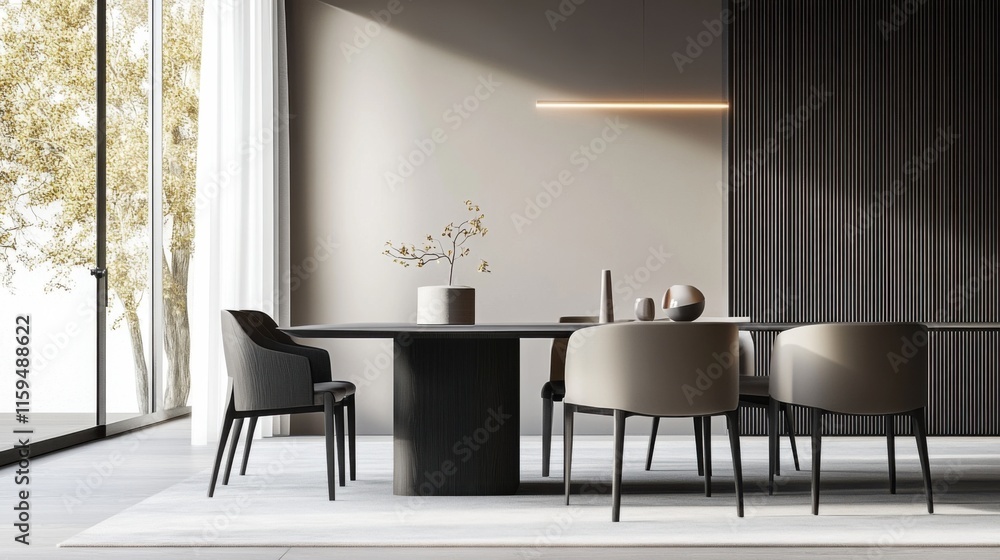 Fototapeta premium Elegant minimalist dining room with minimal decor. Featuring clean lines and a refined design