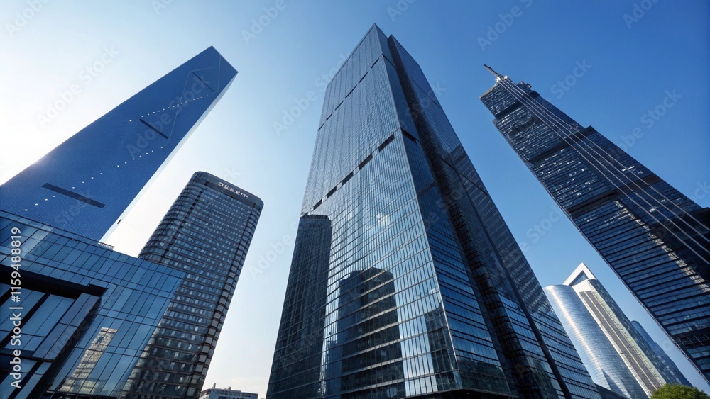 A sleek, glass-fronted skyscraper dominates the urban skyline, reflecting the bustling city life below A sleek, glass-fronted skyscraper dominates the urban skyline, reflecting the bustling city life below