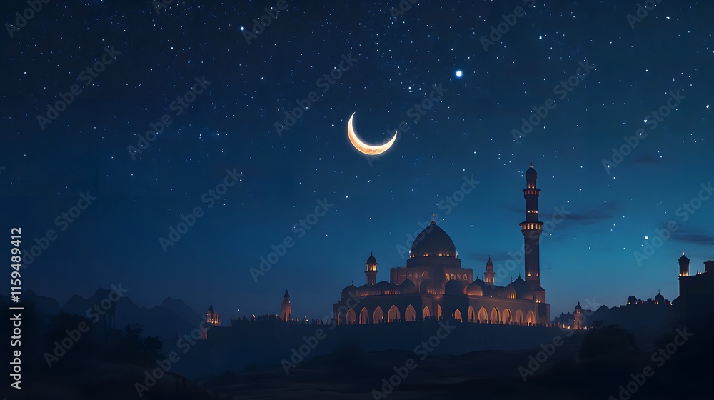 Fototapeta premium Majestic Mosque Under Starry Night Crescent Moon