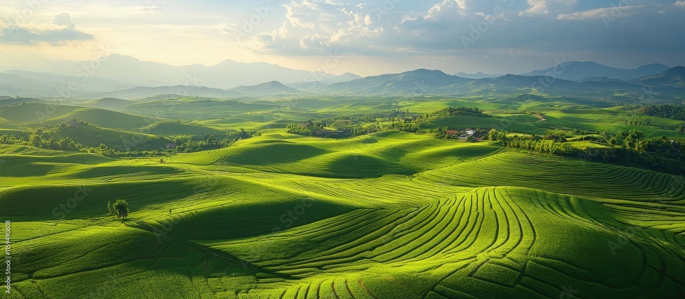 Obraz premium Serene Green Hills Landscape: Breathtaking Aerial View of Rolling Hills and Lush Greenery