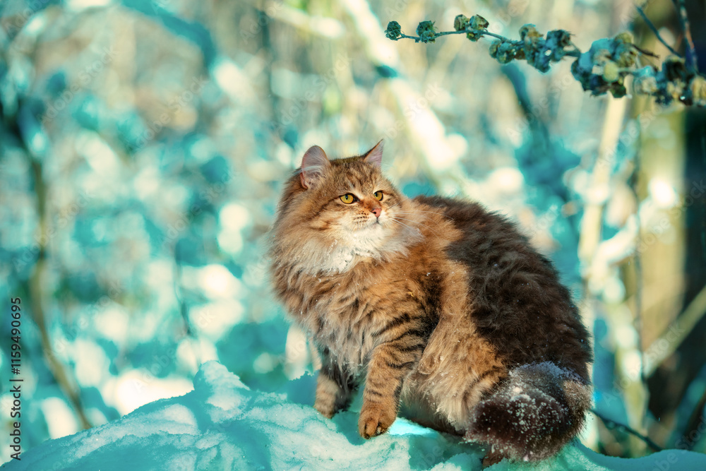 Cat sitting on a tree. Siberian cat in a snowy winter forest