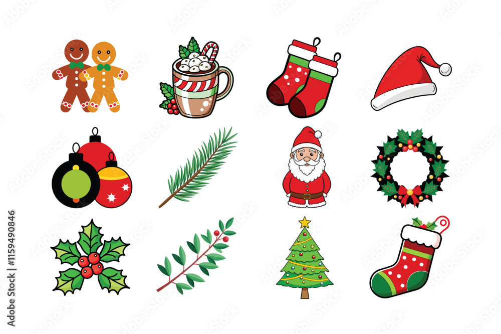 Fototapeta premium Merry Christmas Vector Colored Elements for Graphic Design, Festive Holiday Artwork.
