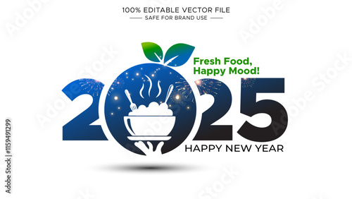 Happy New Year 2025 post with restaurant waiter cooking, serving hot fresh food symbol, sign theme and logo creative concept design.