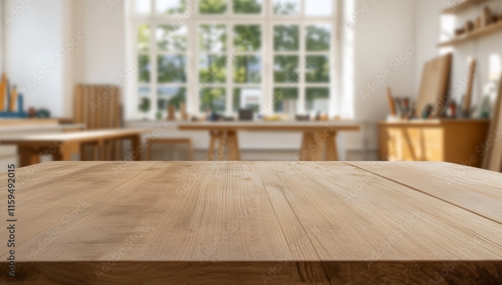 Close-up of Empty Wooden Table with Blurry Modern Workshop Background Close-up of Empty Wooden Table with Blurry Modern Workshop Background