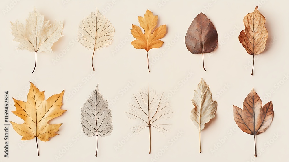 Fototapeta premium Green Leaf Collection: Artistic Watercolor and Detailed Digital Illustrations Featuring Clovers, Tropical Leaves, Falling Foliage, and Textured Dry Leaves - Perfect for Nature-Themed Designs and Decor