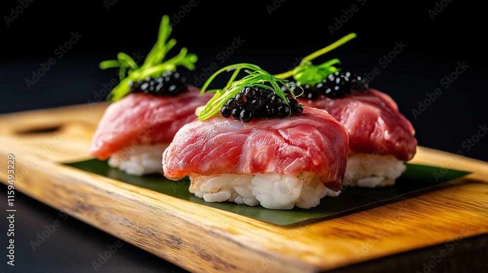 Succulent nigiri sushi features raw prime wagyu beef atop perfectly molded rice, garnished with vibrant green herbs and delicate caviar, displayed beautifully on a wooden board. Succulent nigiri sushi features raw prime wagyu beef atop perfectly molded rice, garnished with vibrant green herbs and delicate caviar, displayed beautifully on a wooden board.