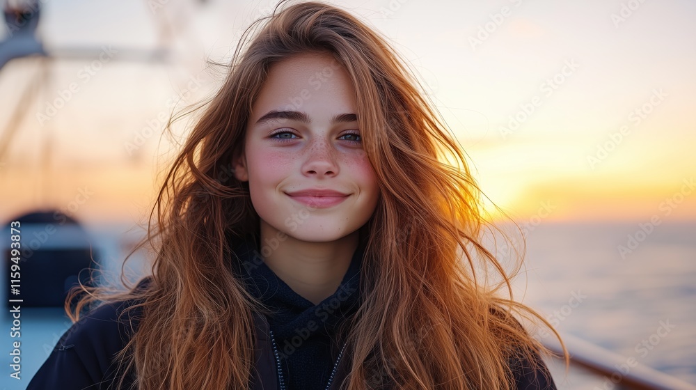 A girl stands on the deck of a ship, smiling gently as the sun sets behind her. The warm glow of the sunset illuminates her face, creating a serene atmosphere on the water. A girl stands on the deck of a ship, smiling gently as the sun sets behind her. The warm glow of the sunset illuminates her face, creating a serene atmosphere on the water.