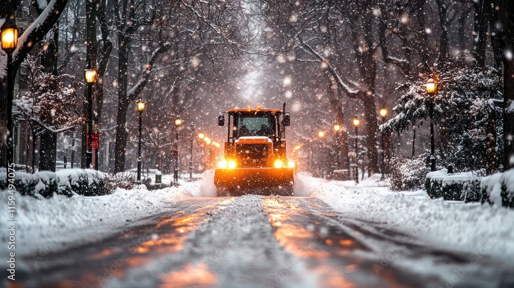 Snowplow clearing snowy road at night. Snowplow clearing snowy road at night.