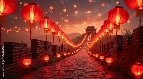Night view of the Great Wall of China illuminated with red lanterns for Chinese New Year