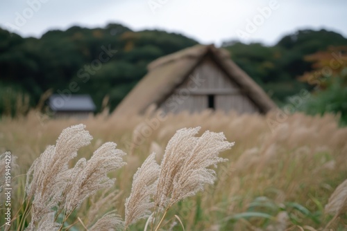 豊かな草原と古い茅葺屋根の家が共存する風景の魅力 photo