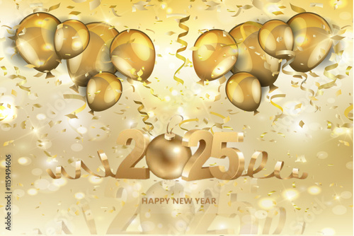 Happy New Year 2025 typography greeting card, poster, and banner with celebration elements. Happy New Year wallpaper. 